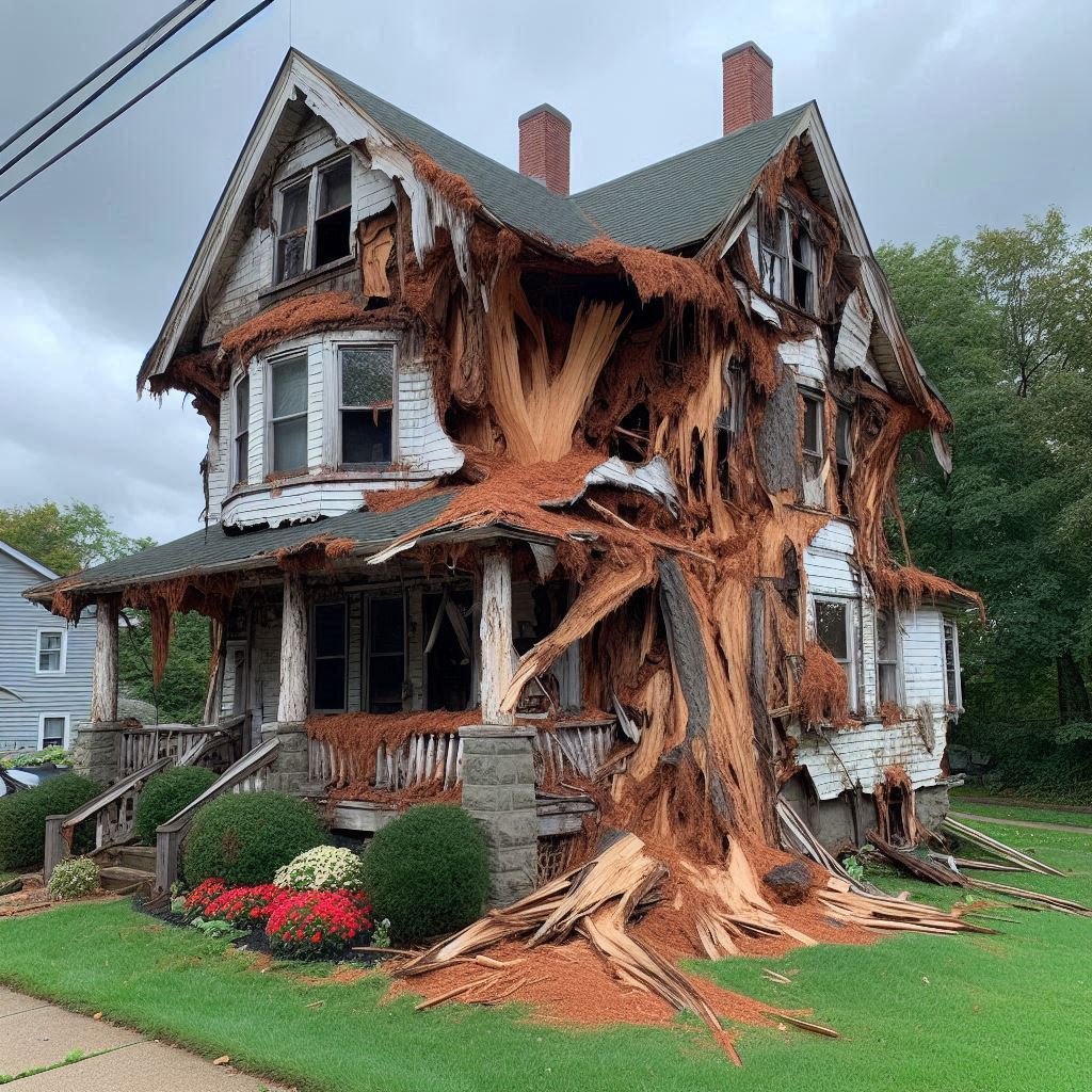 Damaged tree on an Wheaton home showing signs of disease and decay